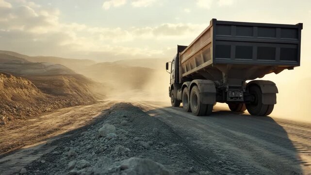 Dump truck driving dusty dirt road rocky desert landscape sunset mountain background heavy equipment construction vehicle rugged terrain hills open pit mining site warm dramatic atmosphere