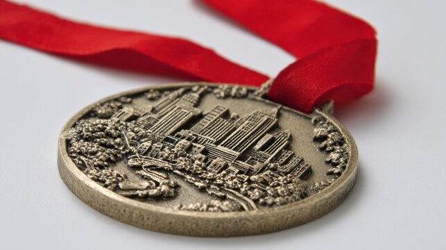 Winner Medal Featuring Detailed Cityscape Design on a Red Ribbon, Displayed Against a Neutral Background, Celebrating Achievement and Competition