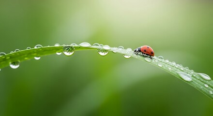 A vibrant red ladybug rests on a dew-covered blade of green grass in a natural macro close-up.
