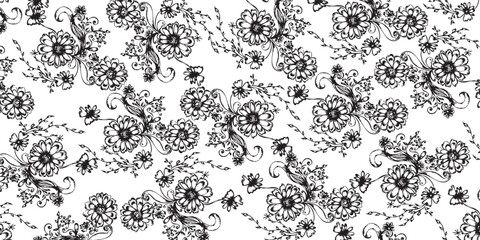 Intricate Black and White Floral Pattern with Detailed Outlines.