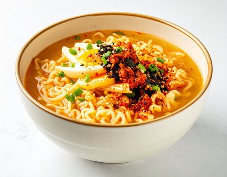 Korean Ramyon Dish, Korean version of instant noodles, a fast, spicy, and popular comfort food known for its curly dried noodles, freeze-dried vegetables, and powdered soup base with White Background