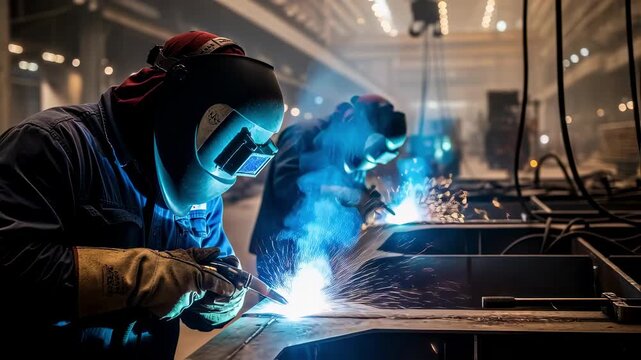 Closeup of welders working on massive steel panels inside the cruise vessel megablock construction yard sparks flying in an intense workshop.