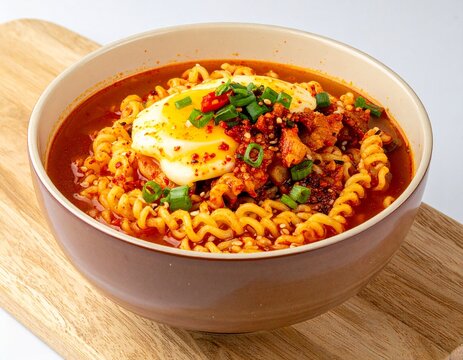 Korean Ramyon Dish, Korean version of instant noodles, a fast, spicy, and popular comfort food known for its curly dried noodles, freeze-dried vegetables, and powdered soup base with White Background