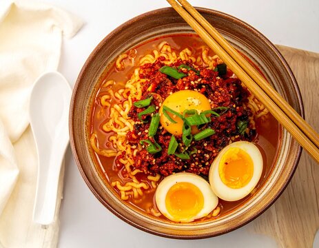 Korean Ramyon Dish, Korean version of instant noodles, a fast, spicy, and popular comfort food known for its curly dried noodles, freeze-dried vegetables, and powdered soup base with White Background