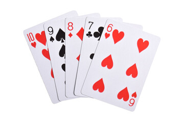 Hand of playing cards isolated on white background, top view. Poker game