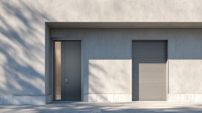 Door and metal shutter on textured wall in light and shadow