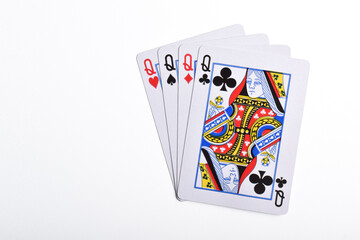 Four queen playing card, spades, hearts, clubs, diamonds, isolated on white background