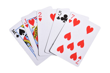 Obraz premium Hand of playing cards isolated on white background, top view. Poker game