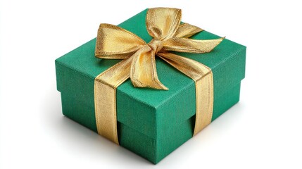 Obraz premium Gift box Emerald, tied in gold, sits on white background, ready for gifting or celebration