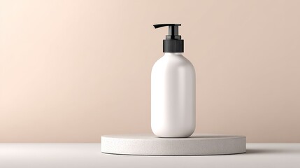 White plastic bottle with pump dispenser on a minimalistic pedestal