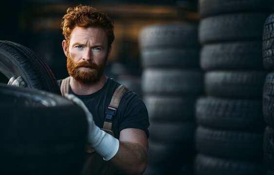 attractive red-haired mechanic in overalls and gloves holding a tire while standing in a car service shop with black background, modern portrait of auto repair worker looking directly at camera