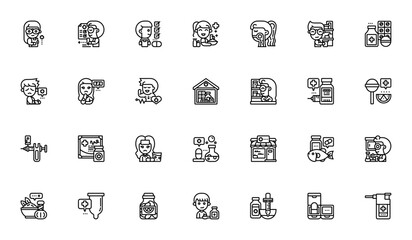 Pharmacy icon set. Vector medical icons collection. ncludes pharmacist, prescrption, apothecary, aspirin bandage, vaccine, syringe capsule, vitamins and mor. © wang