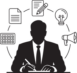 Manager Silhouette with Office Icons Task Management Productivity Communication