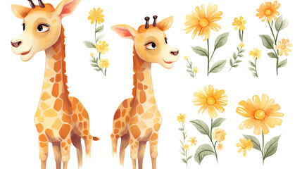 Obraz premium Title: Adorable Set of Cute Giraffe Illustrations with Colorful Flowers on white background 
