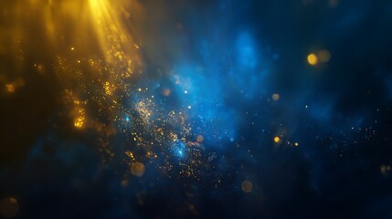 Naklejka premium Glittering golden particles swirling in dark blue atmosphere with shining light beams, magical abstract cosmic background, high-resolution luxury festive design