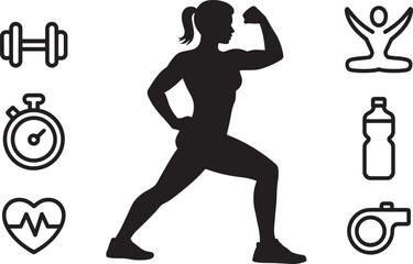 Silhouette of a Woman Exercising with Fitness Equipment on a Transparent Background