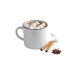 Classic hot chocolate in mug with marshmallows, cozy warm style, white background