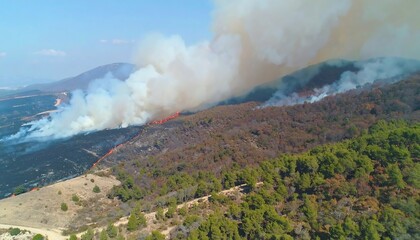 Aerial View of Wildfire Spreading on Mountainside