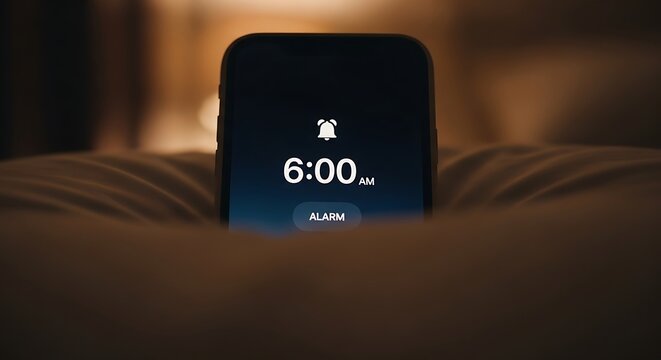 Early Morning Wake Up Call with 6 AM Alarm on Smartphone Screen.