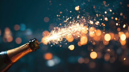 A champagne bottle with a sparkling firework erupting from its neck, set against a bokeh background of warm and cool lights, suggesting celebration and festivity