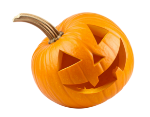  Halloween Pumpkin with Funny Carved Smile, Angled Side View, Isolated on Transparent Background