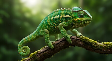 Obraz premium Color-shifting chameleon resting on tree branch close-up
