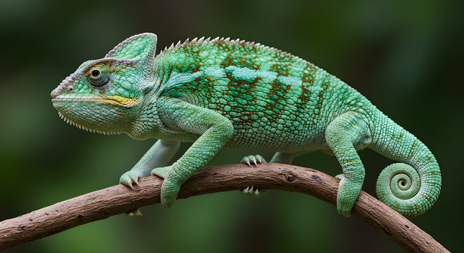 Color-shifting chameleon resting on tree branch close-up