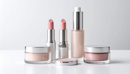 Set of cosmetic products isolated on white background. Includes lipstick, blush, powder, perfume, and skincare jars. Perfect for beauty, branding, and e-commerce designs