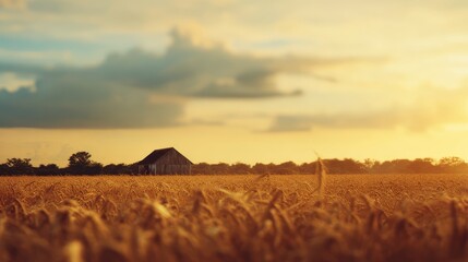 Golden wheat fields swaying in warm sunset light with rustic barn in distance, high-resolution rural landscape, serene countryside nature scene