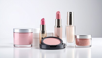 Set of cosmetic products isolated on white background. Includes lipstick, blush, powder, perfume, and skincare jars. Perfect for beauty, branding, and e-commerce designs