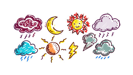 Cartoon weather icons with sun moon clouds and lightning comic style
