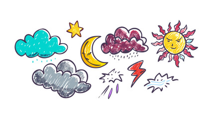 Cartoon weather icons with sun moon clouds and lightning vector