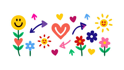 Cheerful flowers hearts and sun with arrows smiley face