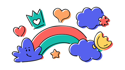 Cheerful rainbow doodle with clouds and hearts crown