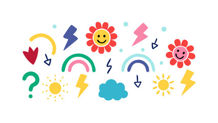 Cheerful weather symbols and abstract shapes rainbow cloud