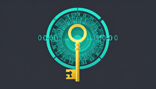 Golden key in teal digital circle