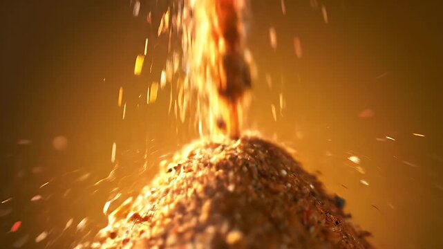Close Up of Fine Granules Falling Onto a Mound Creating an Avalanche Effect in Warm Orange Tones Perfect for Culinary Projects Decoration or Symbolizing Abundance and Natural Processes