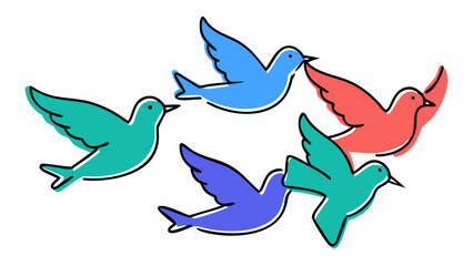 Colorful birds flying in a flock teal