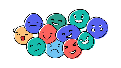 Colorful doodle emojis with various expressions cartoon happy