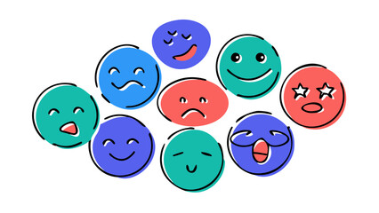 Colorful doodle faces expressing various emotions emoji sketch