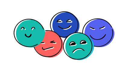 Colorful doodle faces with various expressions emoji happy