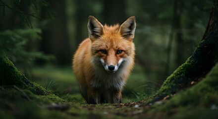 Obraz premium Wild fox staring into the camera among trees in a lush forest setting