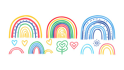 Colorful hand drawn rainbows hearts and sun doodle