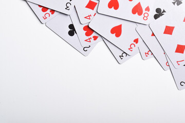Playing cards isolated on white background, flat lay. Space for text