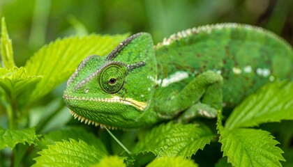 Close-up of a vibrant green chameleon