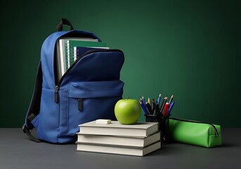Blue Backpack with School Supplies, Green Apple, Books, and Pencils on Dark Surface