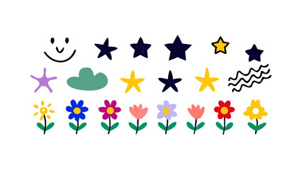 Colorful stars clouds and flowers on white background yellow blue