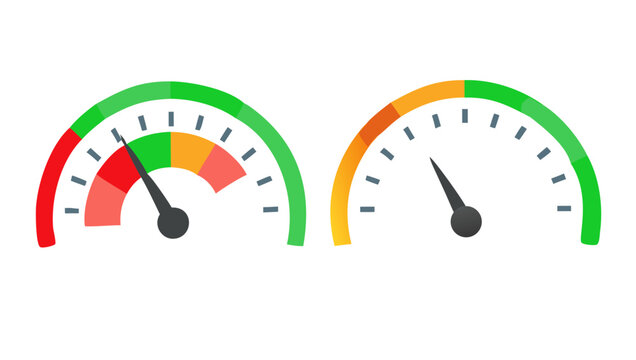 Colorful speedometers with red green and yellow gauges scale indicator