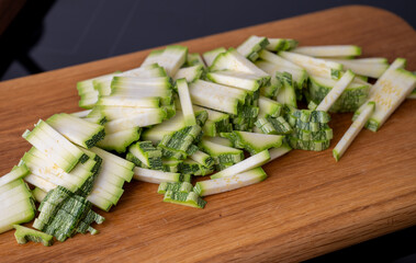 Close up of Green Fresh Zucchini Cut into Matchsticks