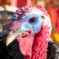 Close-up of a turkey's head and neck, showcasing vibrant colors and detailed textures